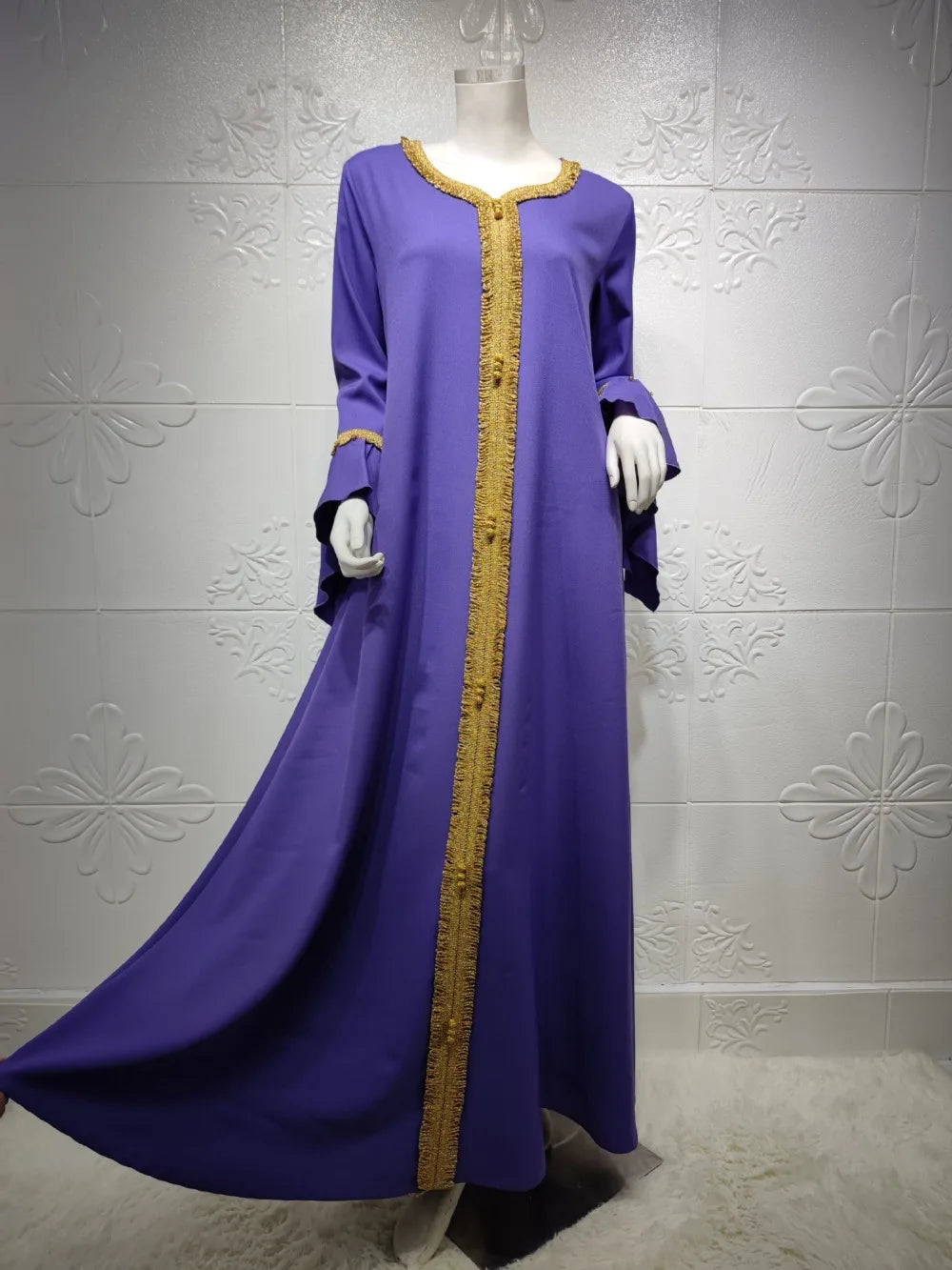 Modest Autumn Muslim Dress | Embroidered Abaya with Ruffles Sleeve - Dhavinci