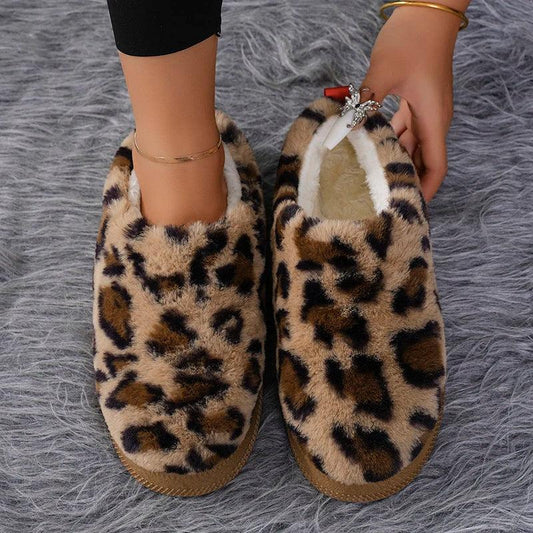 Leopard Print Plush Snow Boots for Women | Warm Winter Flats - Dhavinci