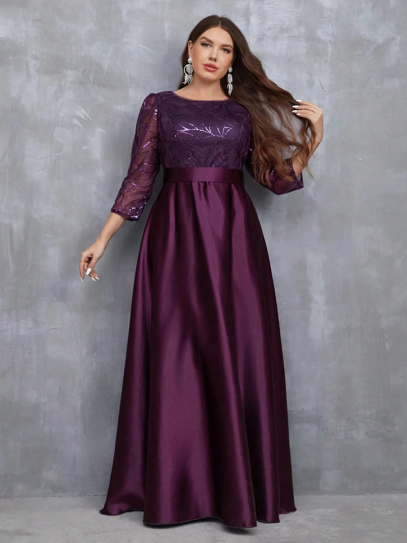 Mgiacy Crew neck long sleeve sequin patchwork satin long gown ball dress Party dress Bridesmaid dress - Dhavinci