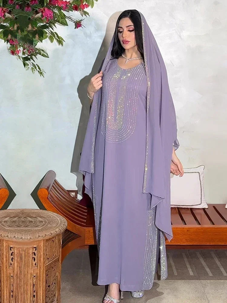 Saudi Arabic Party Dress for Women Abaya Muslim Diamond Hijab Dresses Set 2 Piece Vestidos Mujer Morocco Kaftan Abayas Robe 2023 - Dhavinci