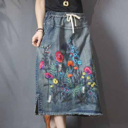 Max LuLu 2024 Autumn Womens Luxury Vintage Loose Embroidery Denim Skirts Ladies Casual Floral Streetwear Females Elegant Clothes - Dhavinci