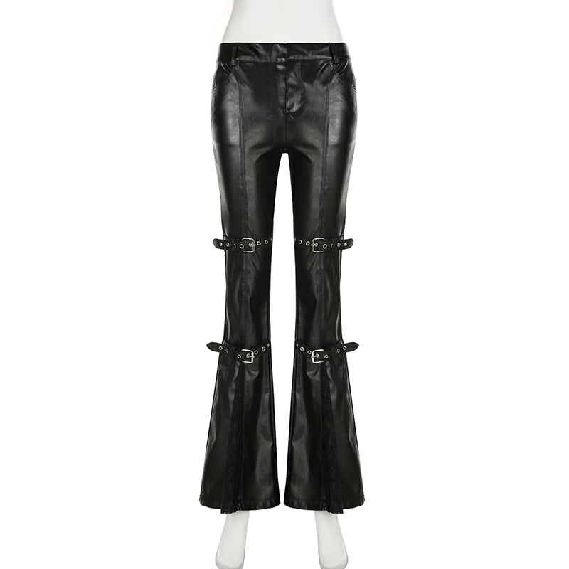 Faux Leather Flare Pants | Women’s Goth Buckle Lace Streetwear - Dhavinci