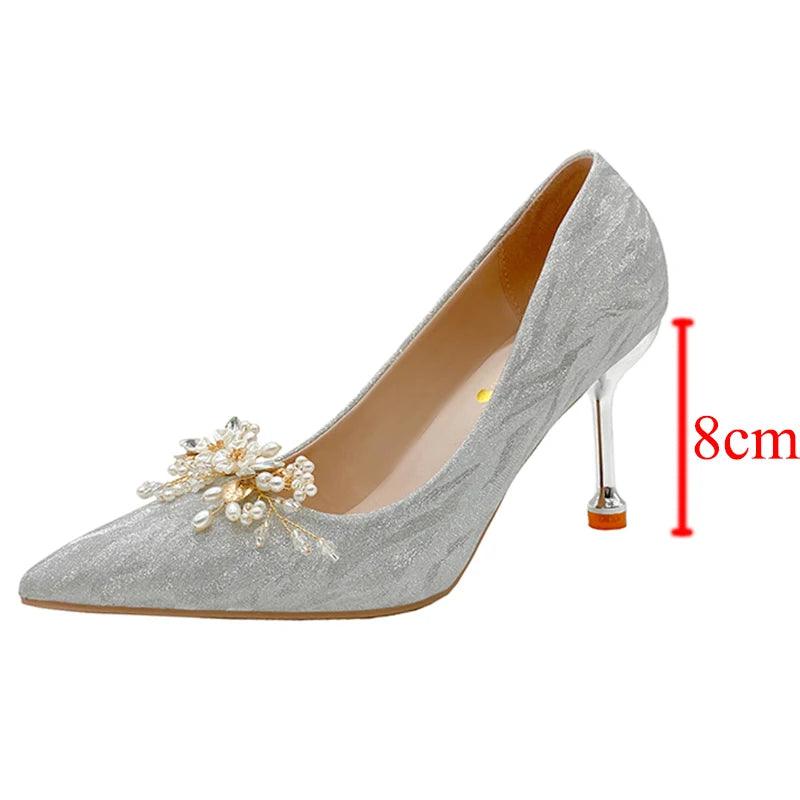 Shiny Buckle Thin Heels Pumps for Women | Pearl Flowers Wedding Party Shoes - Dhavinci