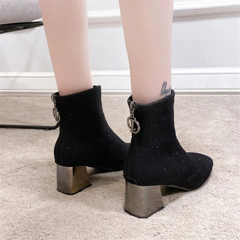 Elastic Sequined Sock Boots for Women - Metal Square Heel - Dhavinci