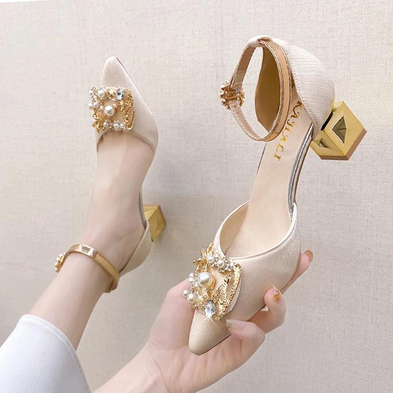 Elegant Beige Wedding Shoes for Women | Crystal Pearl High Heels - Dhavinci