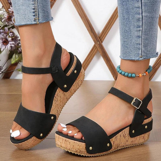 Mix Color Platform Sandals for Women - Rivet Wedges with Ankle Buckle - Dhavinci