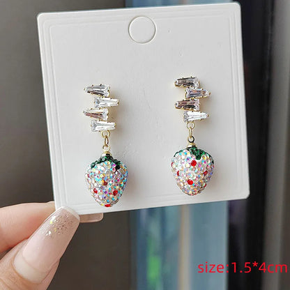 Colorful Strawberry Dangle Earrings | Sweet Zircon Fruit Jewelry