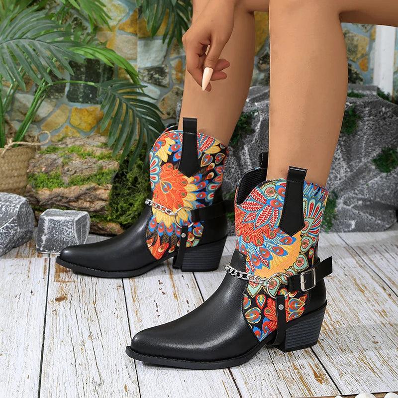 Western Cowboy Boots for Women | Pointed Toe High Heel Ankle Boots - Dhavinci