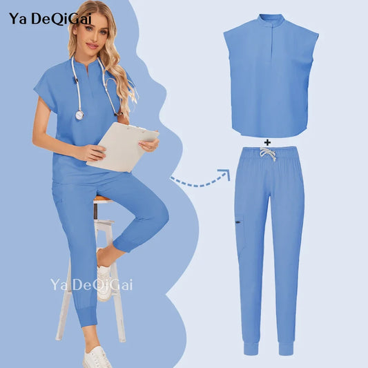 Blue Hospital Uniform Soft Elastic Fabric Clinic Workwear Operating RoomTop Pants Surgical Clothes Medical Scrub Set Jogger Suit - Dhavinci