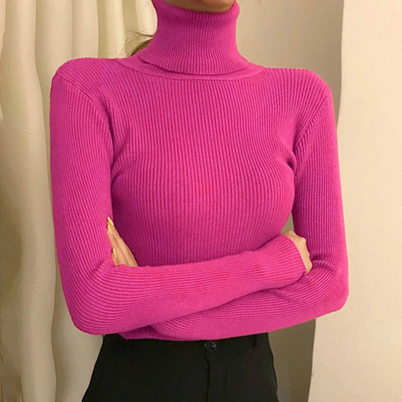 Women Long Sleeved Turtleneck Sweater Harajuku Pullover Women Knit Sweater Slim Elastic Korean Simple Basic Jumper Solid Tops - Dhavinci