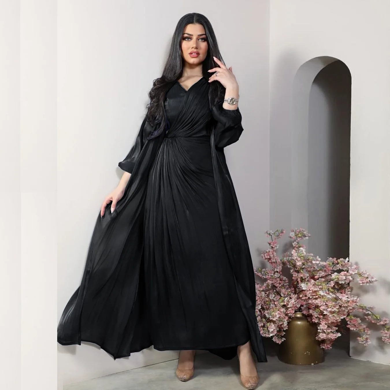 Morocco Party Dress 2 Piece Set | Silky Satin Eid Caftan Abaya - Dhavinci