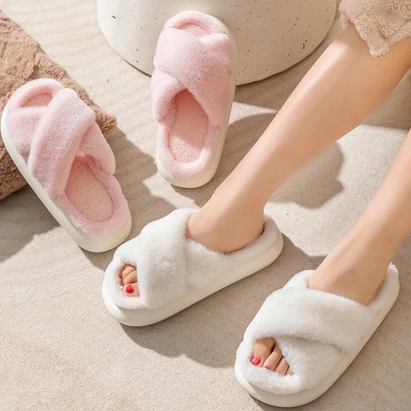 Thick Platform Fur Slippers for Women | Winter Plush Non-Slip Slides - Dhavinci