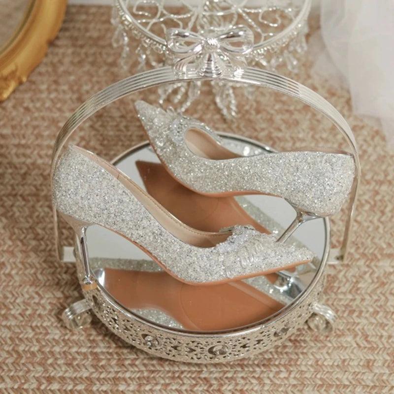 Luxury Crystal Tassels Bride Shoes - Pointed Toe Thin Heels Pumps - Dhavinci