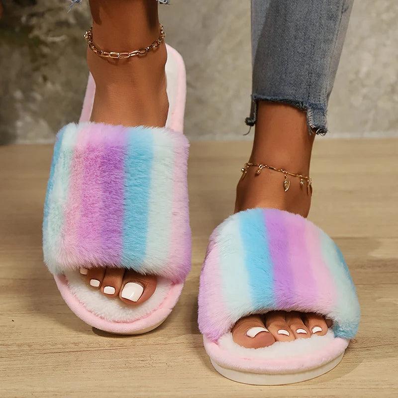 Mix Color Faux Fur Slippers for Women | Rainbow Plush House Shoes - Dhavinci