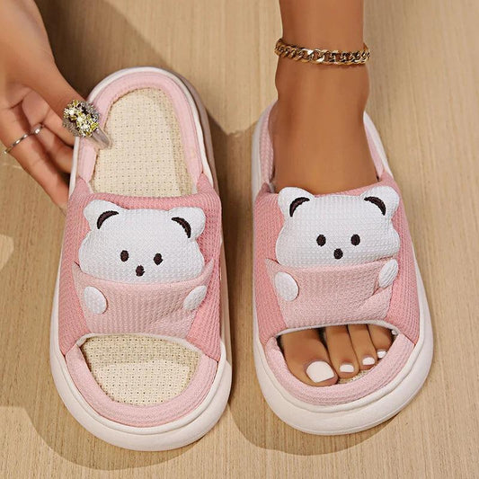 Cartoon Bear Hemp Slippers for Women | Soft Sole Non-Slip House Shoes - Dhavinci