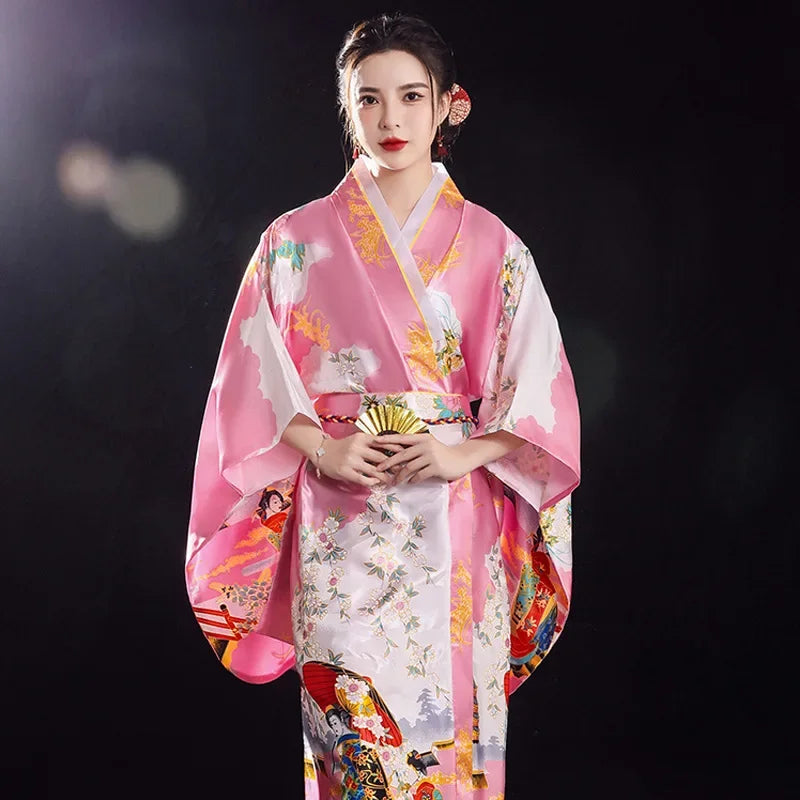 Japanese Traditional Kimono with Obi Yukata Print Flower Pajamas Women Silk Oversized Bathrobe Dress Vintage Stage Show Costume - Dhavinci