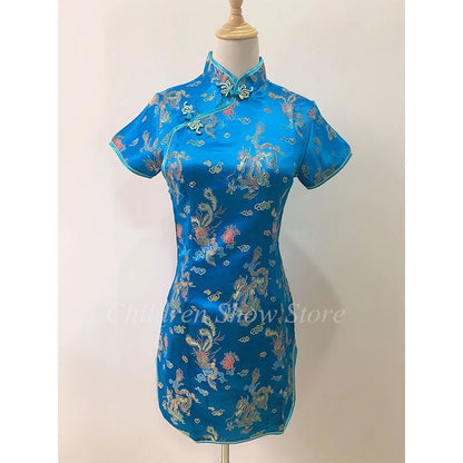 New Chinese Style Dress Mandarin Collar Cheongsams Embroider Dragon Phoenix Qipao Plus Size 3Xl 4Xl 5Xl Vestidos Satin Qipao - Dhavinci