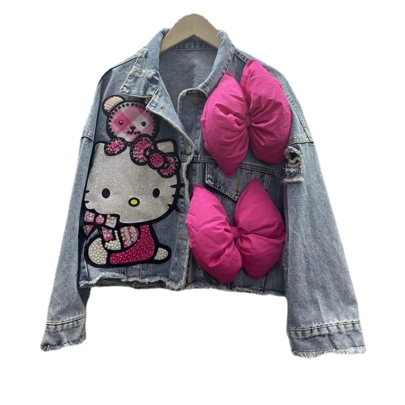 MINISO Hello Kitty Cartoon Denim Jacket Women Spring Autumn Sanrio Anime 2024 New Fashionable Coat - Dhavinci