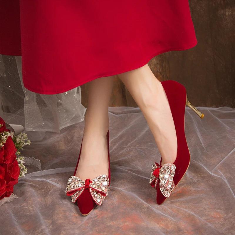 Red Bling Big Crystal Pumps - Bowtie Flock Wedding Party Shoes - Dhavinci