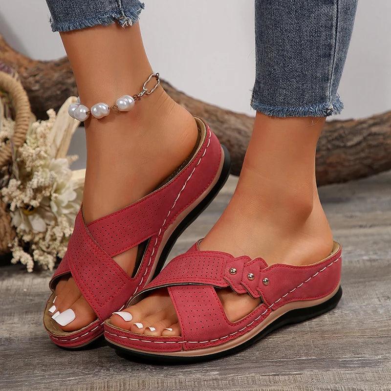 Rivet Platform Slippers | Women’s Cross Strap Wedge Sandals - Dhavinci