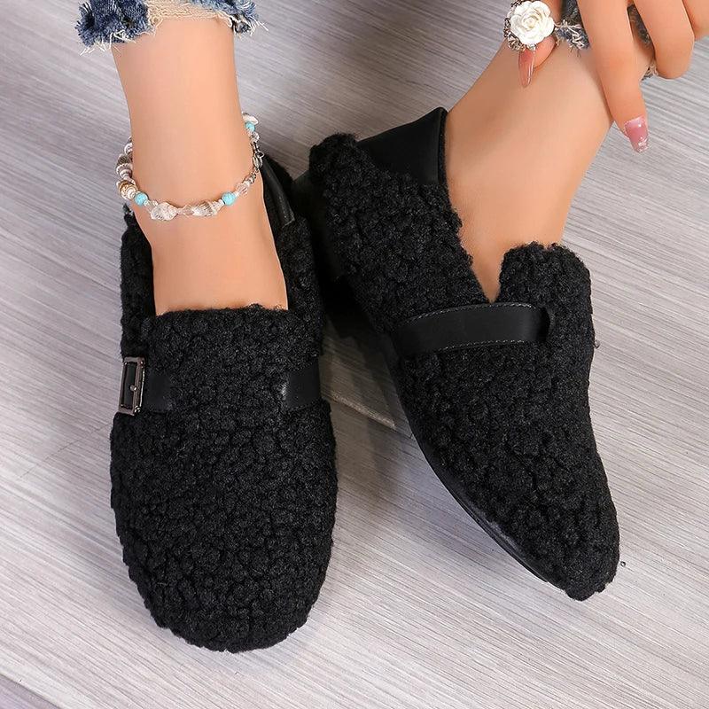 Lamb Cashmere Warm Flats for Women | Slip-On Plush Loafers Shoes - Dhavinci