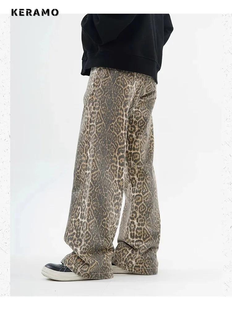 Vintage Leopard Print Jeans for Women | High Waist Wide Leg Denim Trousers - Dhavinci