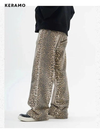 Vintage Leopard Print Jeans for Women | High Waist Wide Leg Denim Trousers - Dhavinci