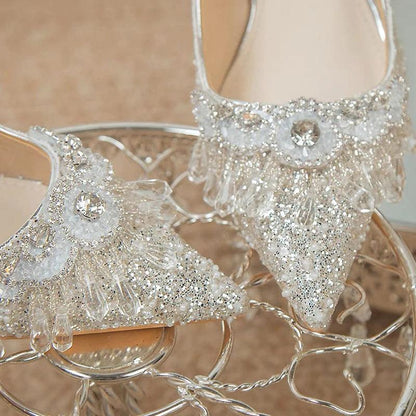 Luxury Crystal Tassels Bride Shoes - Pointed Toe Thin Heels Pumps - Dhavinci