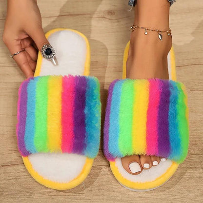 Mix Color Faux Fur Slippers for Women | Rainbow Plush House Shoes - Dhavinci