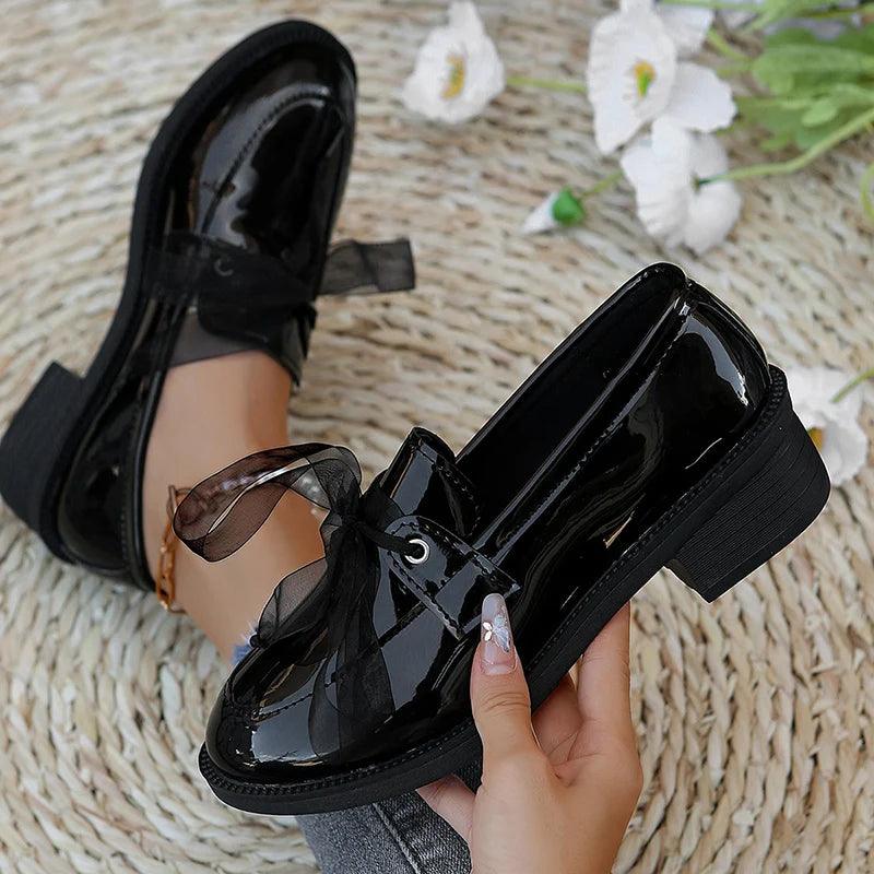 Fashion Ribbon Lace-Up Loafers for Women | Patent Leather Med Heel Pumps - Dhavinci