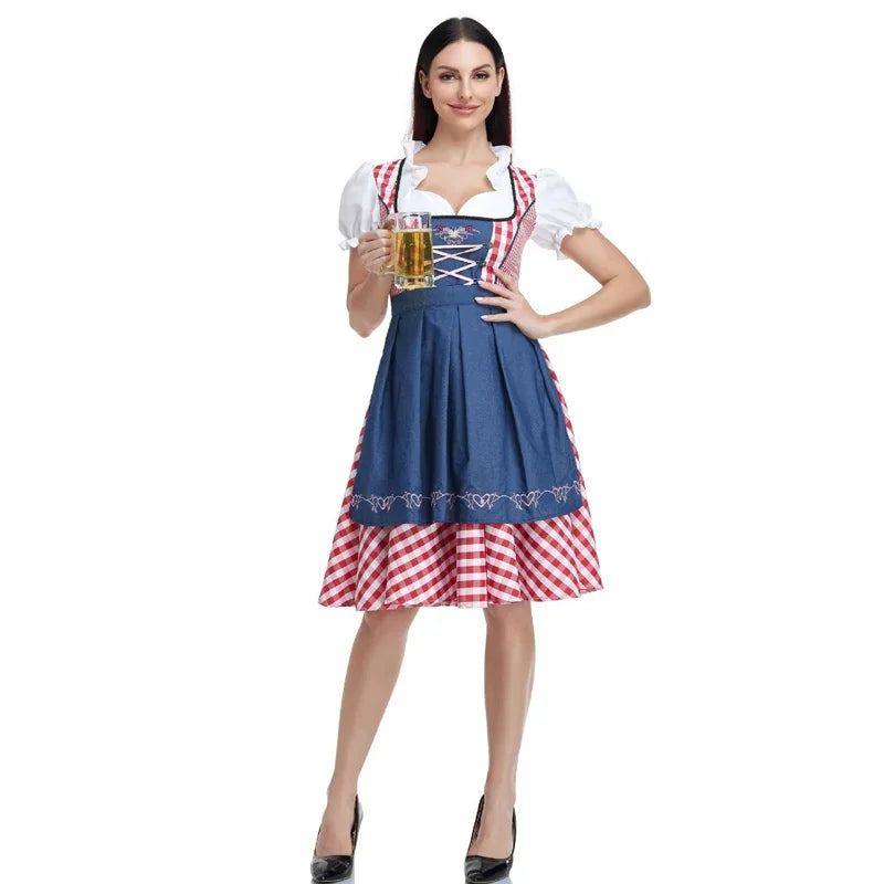 Woman Oktoberfest Plaid Dirndl Dress German Bavarian Beer Wench Waitress Cosplay Costume Halloween Carnival Party Dress - Dhavinci