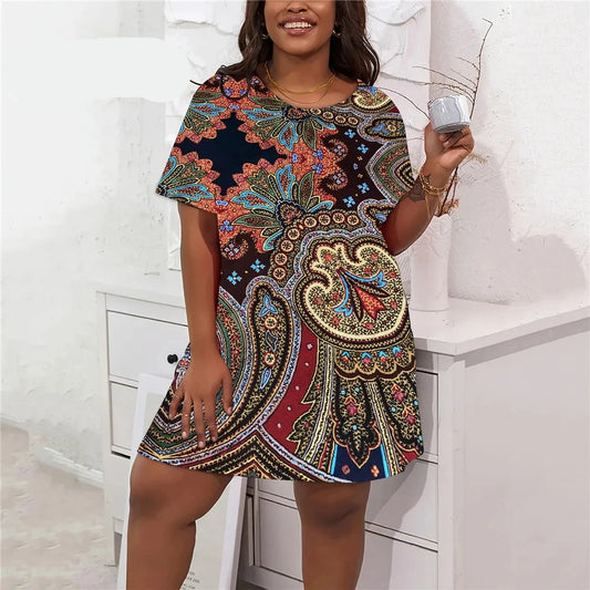 Ethnic Style Vintage Women Dresses Summer Retro Flower 3D Print Short Sleeve Dress Casual Loose Plus Size Women Clothing 8XL 9XL - Dhavinci