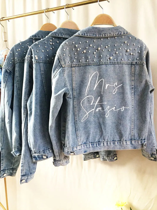 PERSONALIZED Statement Denim Bridal Jacket Custom Name Pearl Detailing MRS Jacket Custom Date Placement On Collar Bride Gift New - Dhavinci