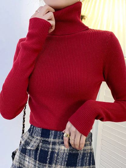 ZOKI New 2023 Women Pullover Turtleneck Sweater Autumn Long Sleeve Slim Elastic Korean Simple Basic Cheap Jumper Solid Color Top - Dhavinci