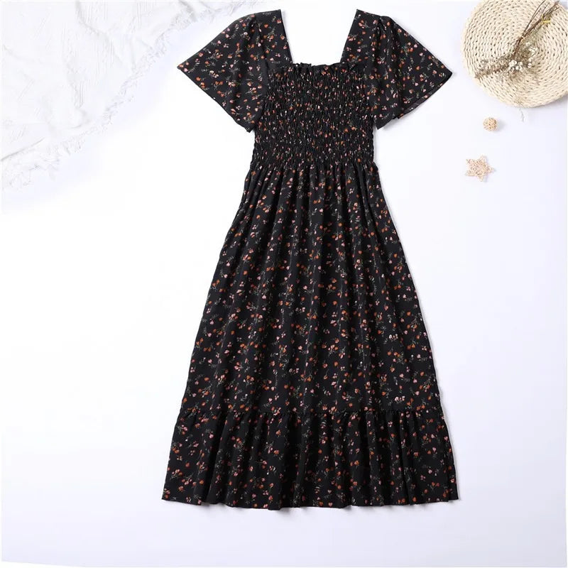 Spring Summer Chiffon Dress Women Midi DressesFemale Short Sleeve Elastic Waist Printed Floral Pleated Backless Casual Dress - Dhavinci