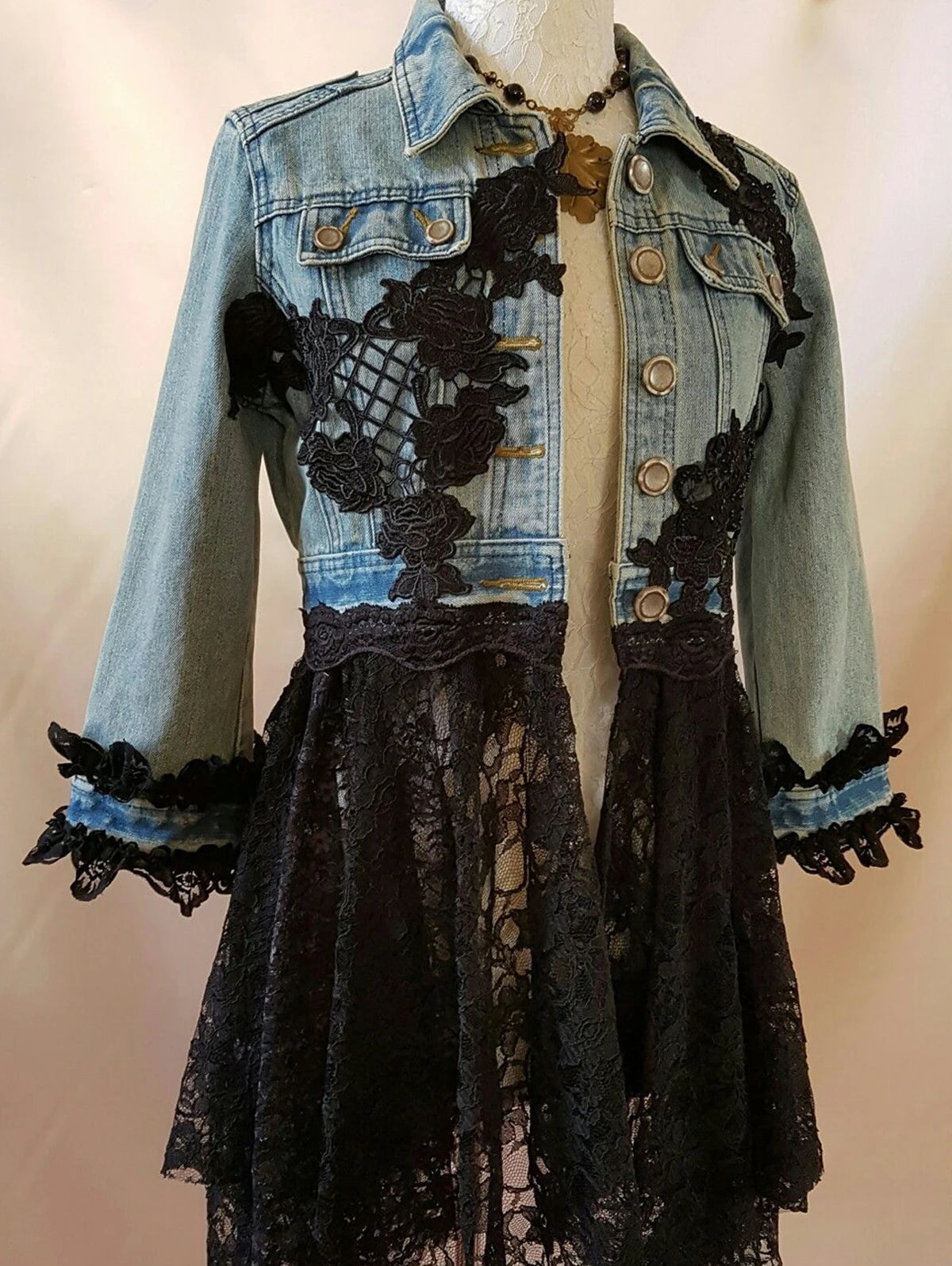 Streetwear Women Lace Hook Flower Hollow Out Patchwork Frayed Edges Hole Denim Jacket Summer 2024 Long Sleeve Casual Veste Femme - Dhavinci