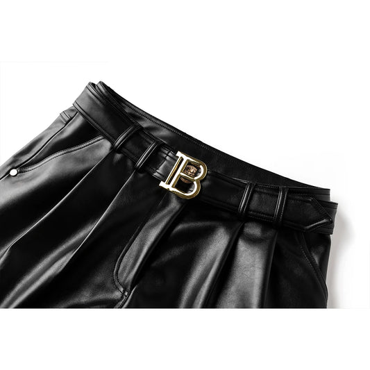 New Autumn Collections High Quality PU Leather Black Women Shorts with Belt All-mtach Casual Female Clothing - Dhavinci