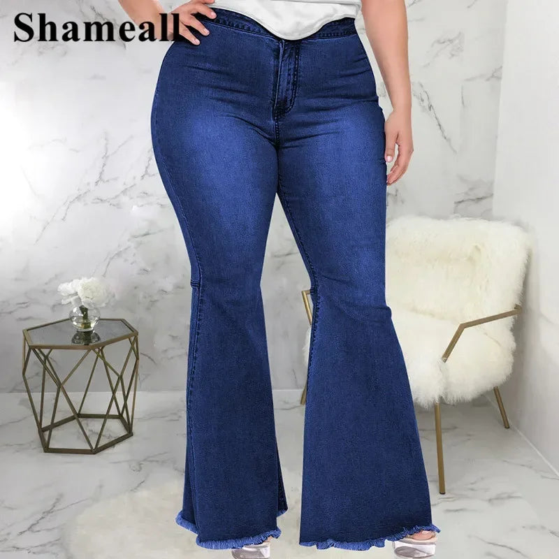 Plus Size High Waist Spliced Flared Jeans Mom 4XL Women Comfortable Elastic Tight Fringe Hem Wide Leg Trousers Women Bell Bottom - Dhavinci