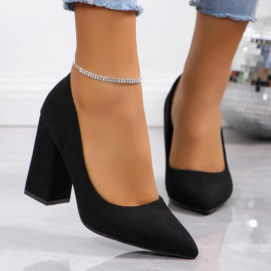 Sexy Black Square Heels for Women - Pointed Toe Slip-On Pumps - Dhavinci