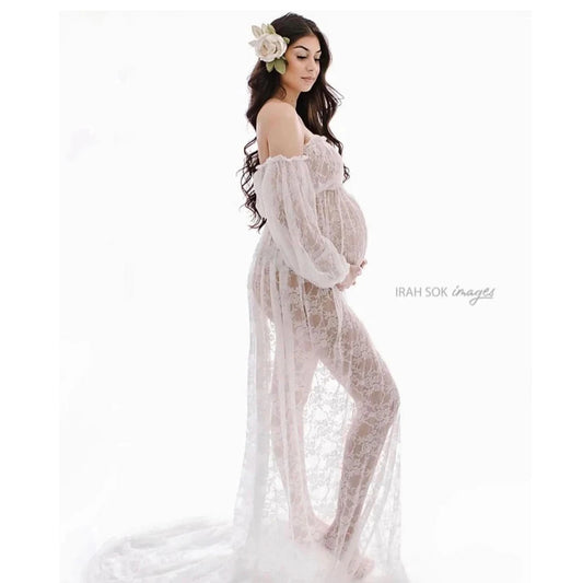 Maternity Photography Dresses Sexy Off Shoulder Mesh Lace Maxi Dress White Long Pregnancy Women Gown Photoshoot Props Accessorie - Dhavinci