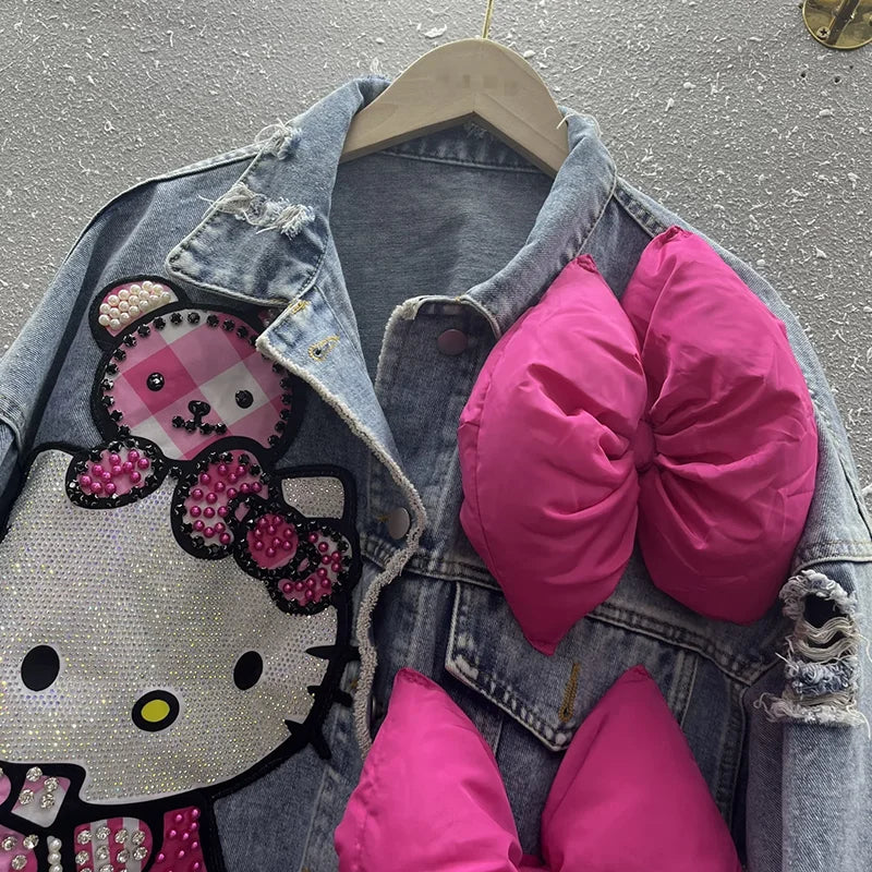 MINISO Hello Kitty Cartoon Denim Jacket Women Spring Autumn Sanrio Anime 2024 New Fashionable Coat - Dhavinci