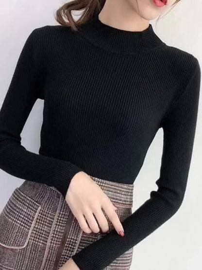 Autumn Winter Mock Neck Sweater | Vintage Solid Knit Pullover for Women - Dhavinci