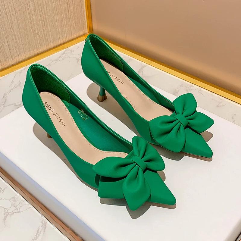 Green Bowknot Pumps for Women - Sexy Pointed Toe High Heels - Dhavinci