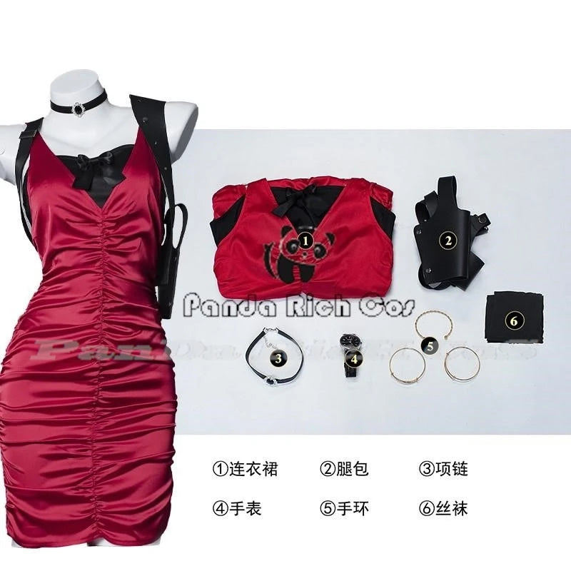 Female Resident 4 Ada Wong Cosplay Costume Evil Cheongsam Dress Red Ada Wig Shoes Halloween Carnival Disguise Suit Women Girls - Dhavinci