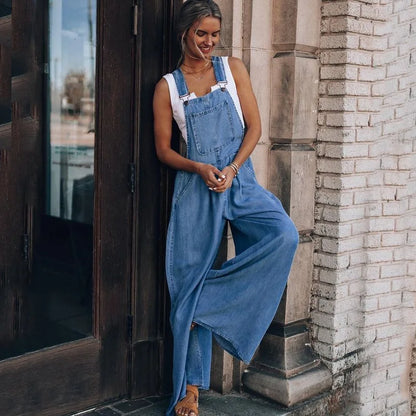 Summer Overalls For Women Blue Denim One-Piece Jumpsuits Loose Wide-Leg  With Pocket High-Waist Jumpsuits - Dhavinci