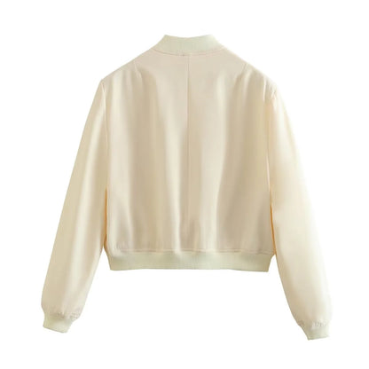 White Bomber Jacket for Women | Cropped Baseball Aviator Outerwear - Dhavinci