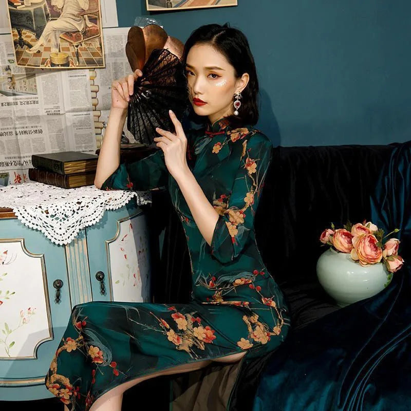 Old Shanghai Green Slim Cheongsam Spring Summer 2024 New Vintage Chinese Style Temperament Young Girl Short Sleeve Qipao Dress - Dhavinci