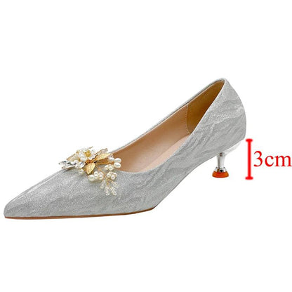 Shiny Buckle Thin Heels Pumps for Women | Pearl Flowers Wedding Party Shoes - Dhavinci