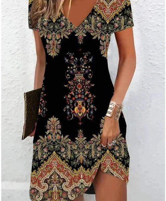 Vintage Women Midi Dresses For 2024 Ethnic Style Floral Print Loose Dress Plus Size Casual Short Sleeve Pullover V-Neck Dress - Dhavinci