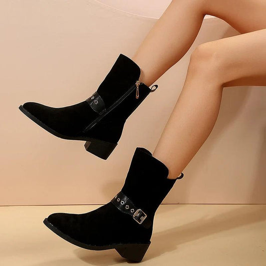 Faux Fur Square Heel Ankle Boots for Women | Fashion Cowboy Boots - Dhavinci